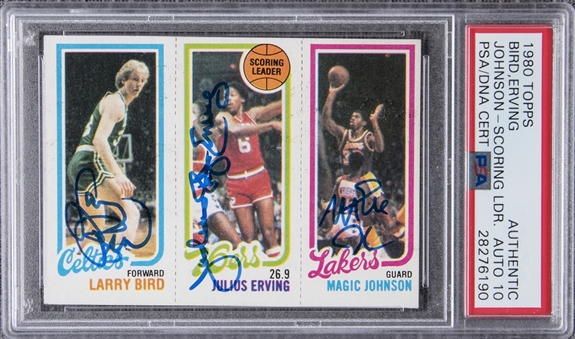 1980-81 Topps Larry Bird, Julius Erving and Magic Johnson Rookie Card – Signed by All Three Hall of Famers! – PSA Authentic, PSA/DNA GEM MT 10 Signatures!